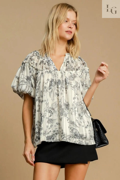 Umgee Full Size Floral Print Metallic Ruffle Blouse Plus Size Trendsi
