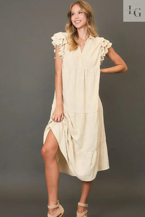 Umgee Full Size Tiered Floral Burnout Ruffle Sleeve Midi Dress Plus Size Trendsi